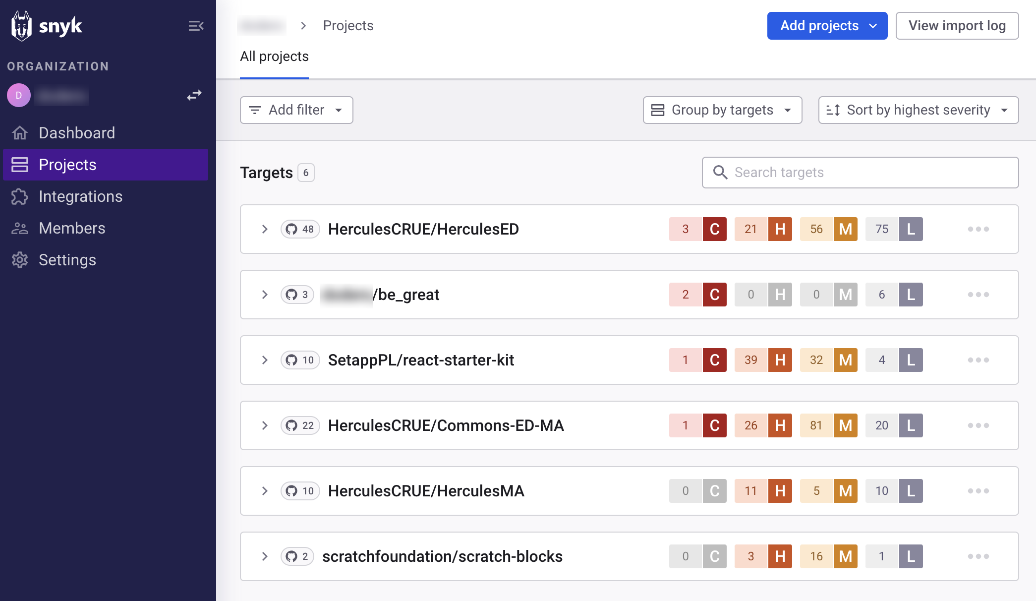Lista de proyectos monitorizados en Snyk