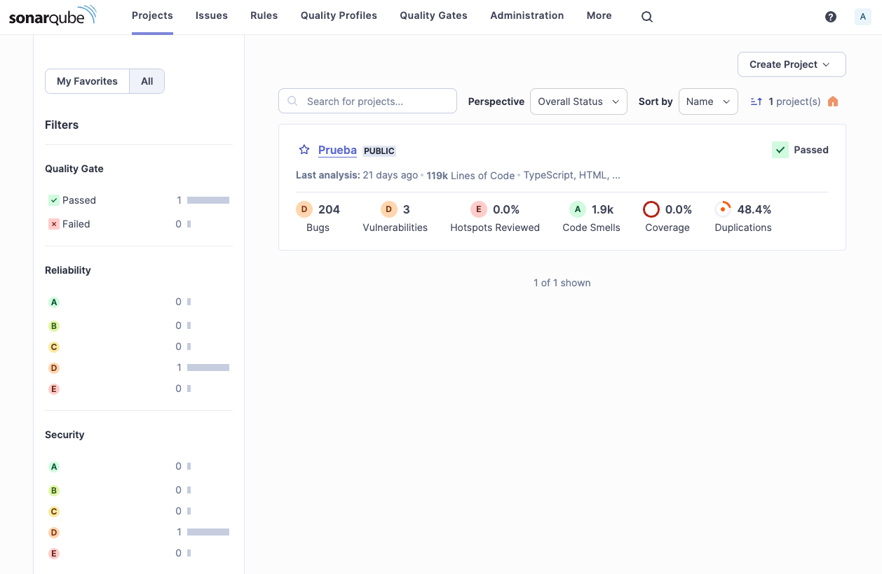 Página de inicio de SonarQube